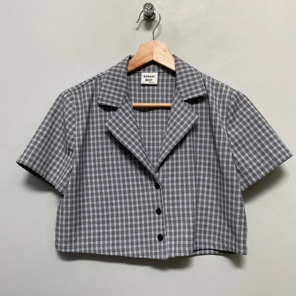 ❗️SOLD❗️Aritzia Sunday Best Blue Plaid Crop Short Sleeve Tuesday Blouse Size XS - Picture 4 of 9